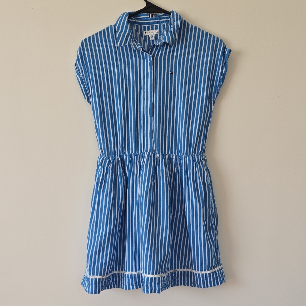 Tommy Hilfiger Blue/White Striped Short Sleeves Kids Dress Size L 12/14